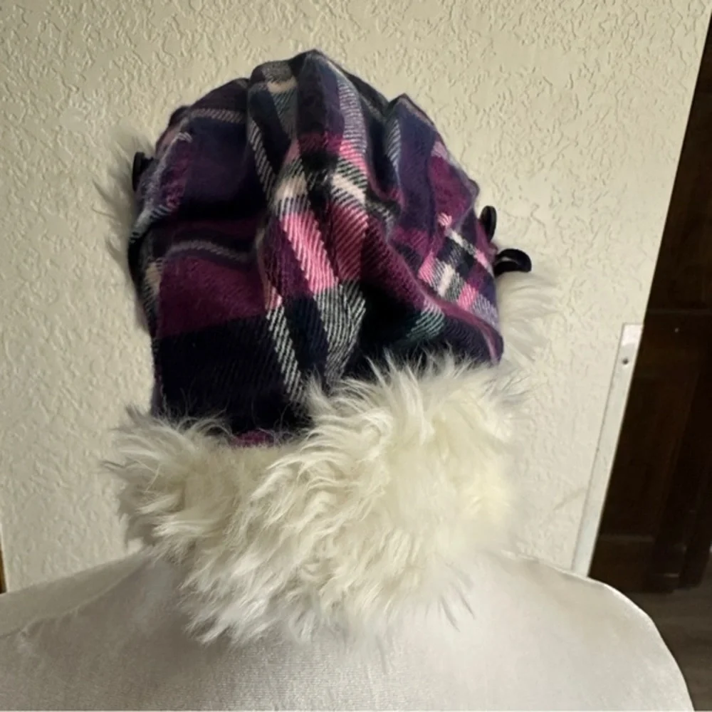 Beadz‎ 'N Bagz Trapper Hat Women OS Purple Plaid Faux Fur NEW